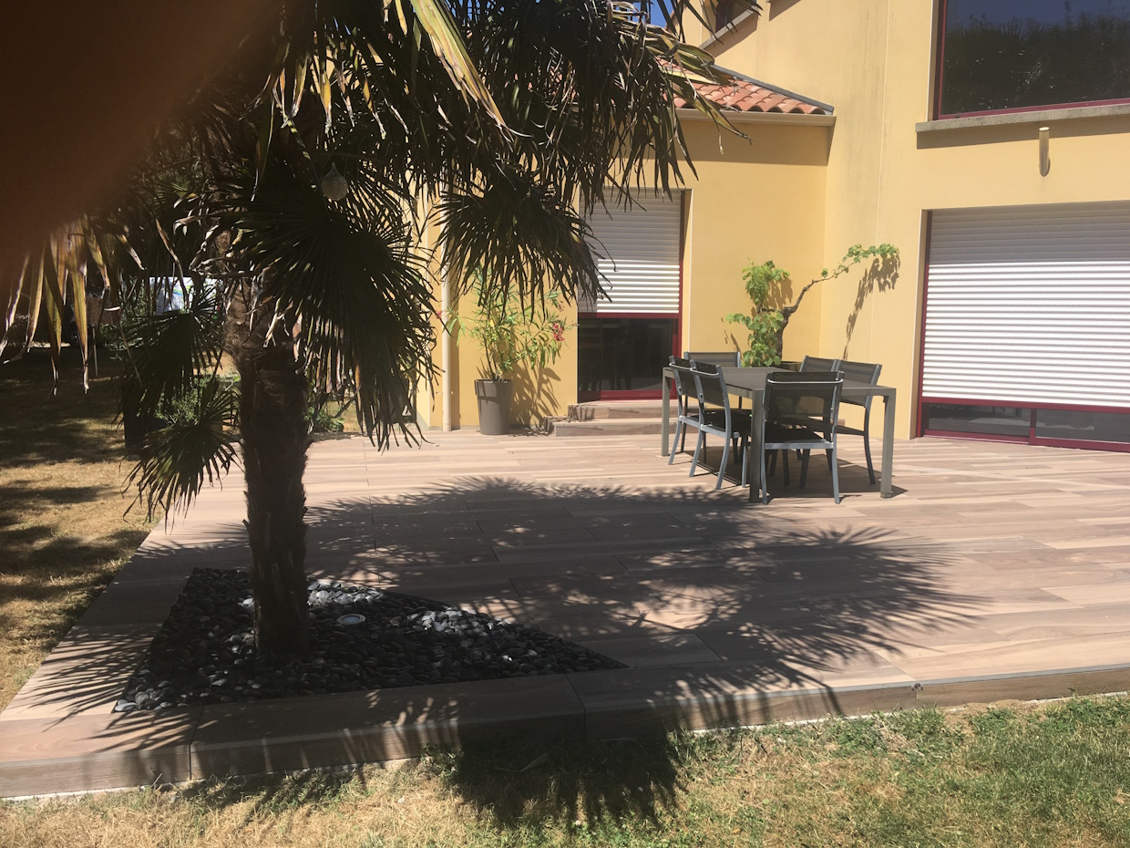 Terrasse avec palmier et mobilier de jardin moderne.