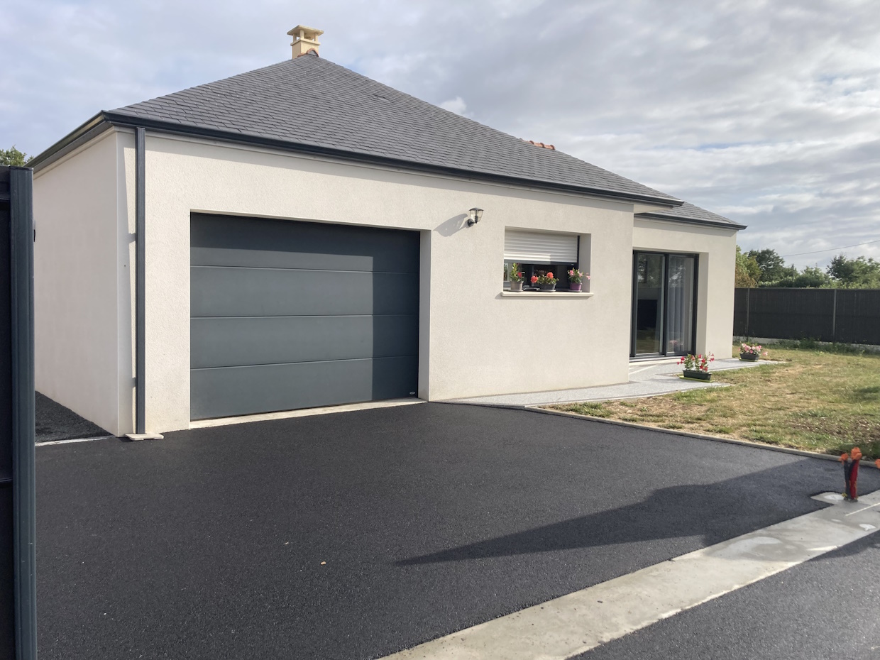 Maison moderne avec garage et jardin fleuri.