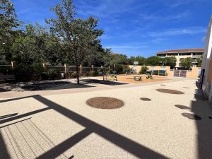 courdecole-apy-light3-300x225 Cour intérieure ensoleillée avec arbres et bancs.