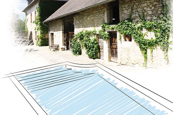 Maison rurale avec un dessin de piscine.