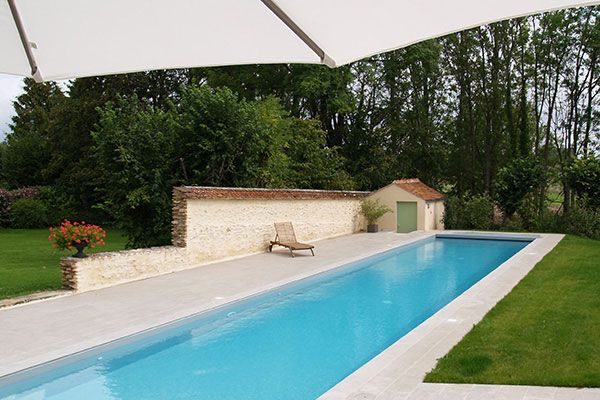 Piscine extérieure élégante avec jardin et chaise longue.