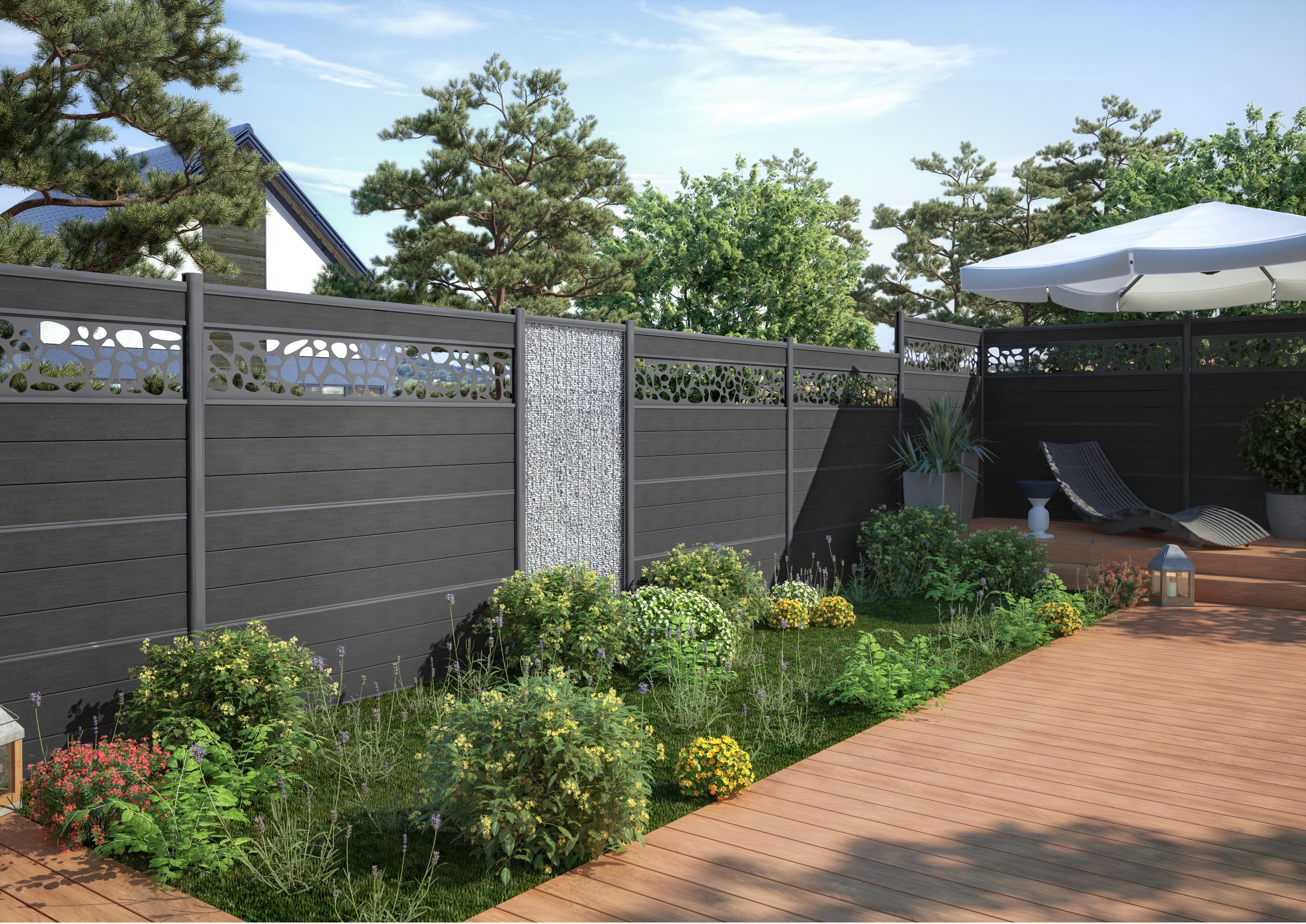 Jardin moderne avec terrasse en bois et clôture design.